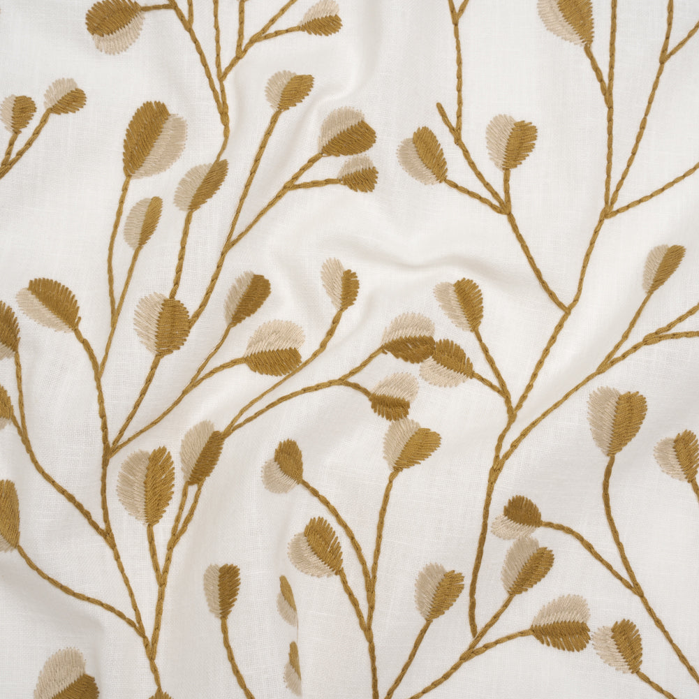Embroidered Polyester and Cotton Woven - Ochre Budding Plants - British Imported Embroidered Polyester and Cotton Woven - Ochre Budding Plants - British Imported
