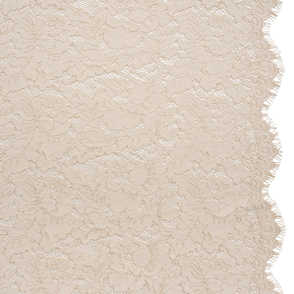 Cotton Blend Raschel Lace Panel with Finished Edges - Linen Beige and White Flowers and Leaves Cotton Blend Raschel Lace Panel with Finished Edges - Linen Beige and White Flowers and Leaves