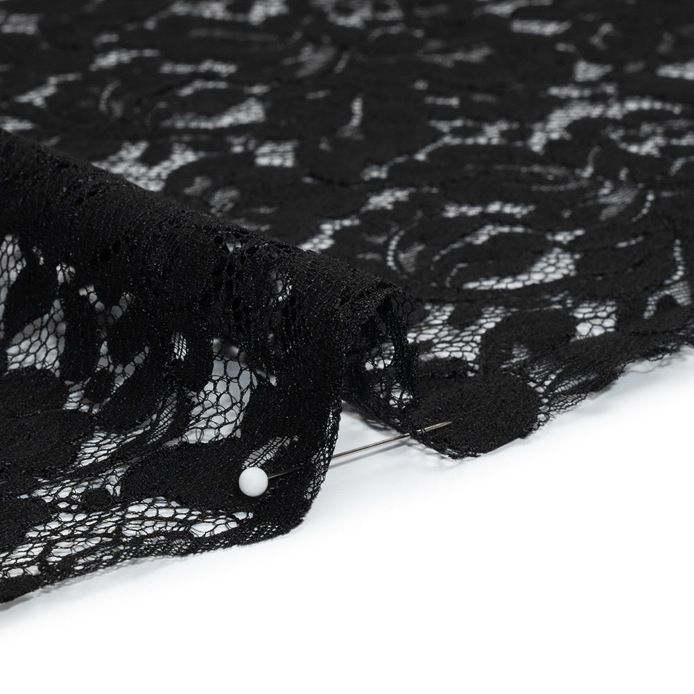 Cotton Blend Raschel Lace Panel with Finished Edges - Black Flowers and Leaves - Detail Cotton Blend Raschel Lace Panel with Finished Edges - Black Flowers and Leaves - Detail