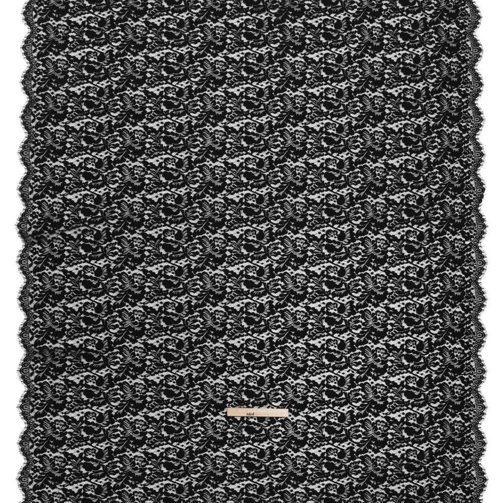Cotton Blend Raschel Lace Panel with Finished Edges - Black Flowers and Leaves - Full Cotton Blend Raschel Lace Panel with Finished Edges - Black Flowers and Leaves - Full