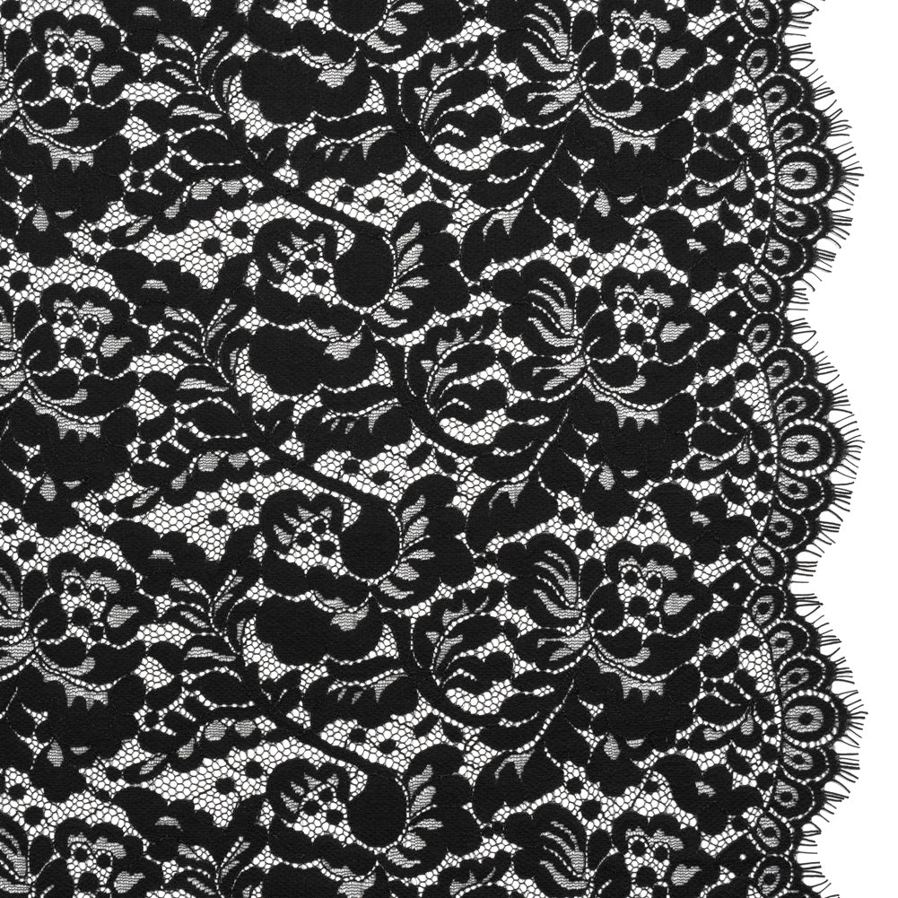 Cotton Blend Raschel Lace Panel with Finished Edges - Black Flowers and Leaves Cotton Blend Raschel Lace Panel with Finished Edges - Black Flowers and Leaves