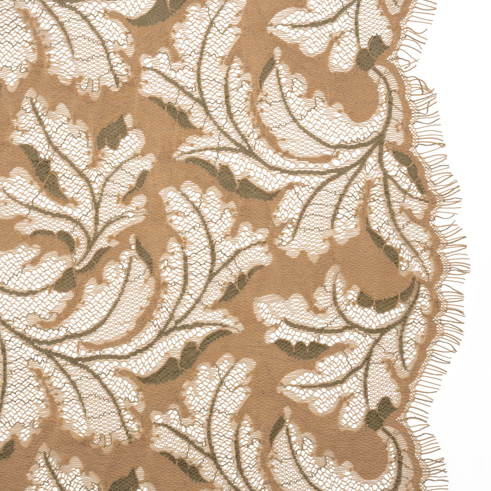 Nylon and Rayon Raschel Lace Panel with Finished Edges - Stucco Beige and Olive Green Floating Leaves Nylon and Rayon Raschel Lace Panel with Finished Edges - Stucco Beige and Olive Green Floating Leaves