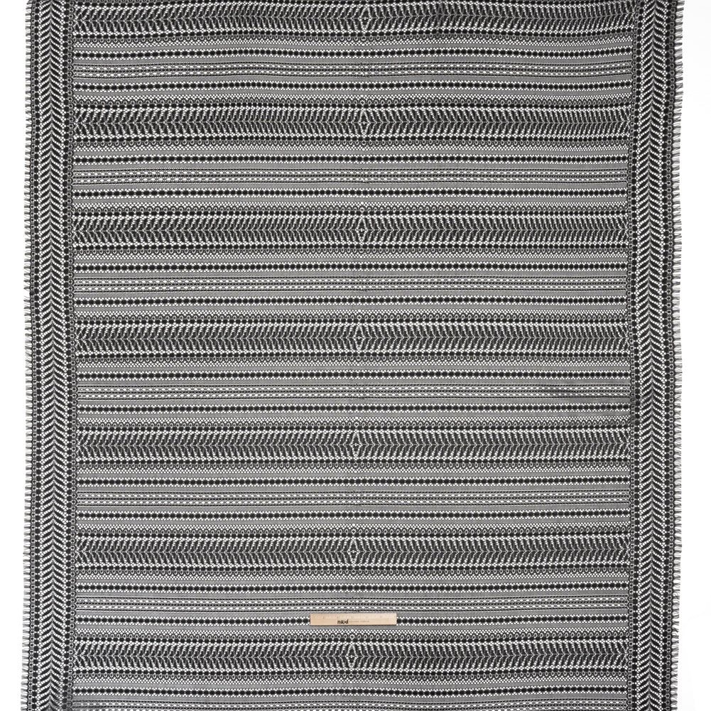 Luminous Corded Lace Panel with Finished Fringed Edges - Black and White Dot and Leaf Stripes - Full Luminous Corded Lace Panel with Finished Fringed Edges - Black and White Dot and Leaf Stripes - Full