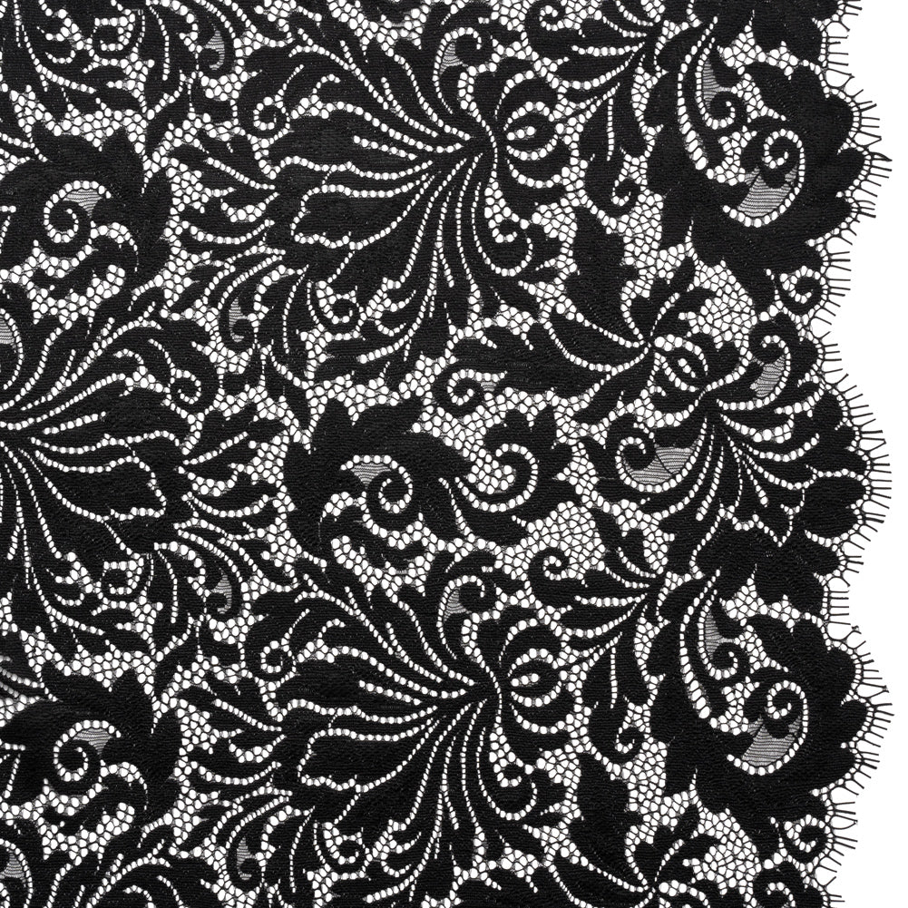 Raschel Lace Panel with Scalloped Finished Edges - Black Ornamental Floral Raschel Lace Panel with Scalloped Finished Edges - Black Ornamental Floral