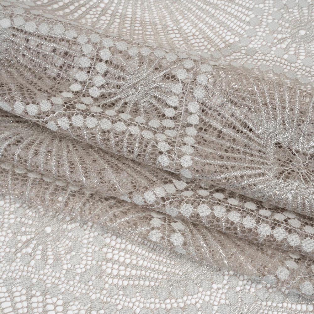 Metallic Raschel Lace Panel with Finished Edges - Sandstone Gray and Silver Sun Ray Ogees - Folded Metallic Raschel Lace Panel with Finished Edges - Sandstone Gray and Silver Sun Ray Ogees - Folded