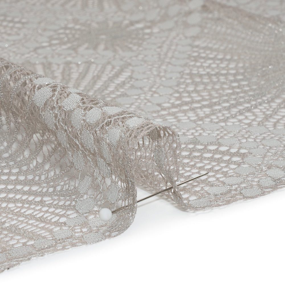 Metallic Raschel Lace Panel with Finished Edges - Sandstone Gray and Silver Sun Ray Ogees - Detail Metallic Raschel Lace Panel with Finished Edges - Sandstone Gray and Silver Sun Ray Ogees - Detail