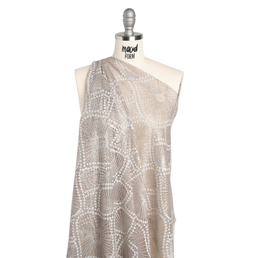 Metallic Raschel Lace Panel with Finished Edges - Sandstone Gray and Silver Sun Ray Ogees - Drape Metallic Raschel Lace Panel with Finished Edges - Sandstone Gray and Silver Sun Ray Ogees - Drape
