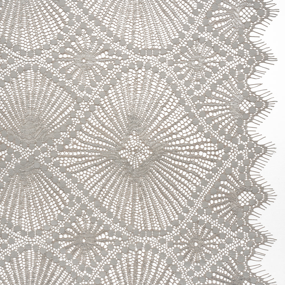 Metallic Raschel Lace Panel with Finished Edges - Sandstone Gray and Silver Sun Ray Ogees Metallic Raschel Lace Panel with Finished Edges - Sandstone Gray and Silver Sun Ray Ogees