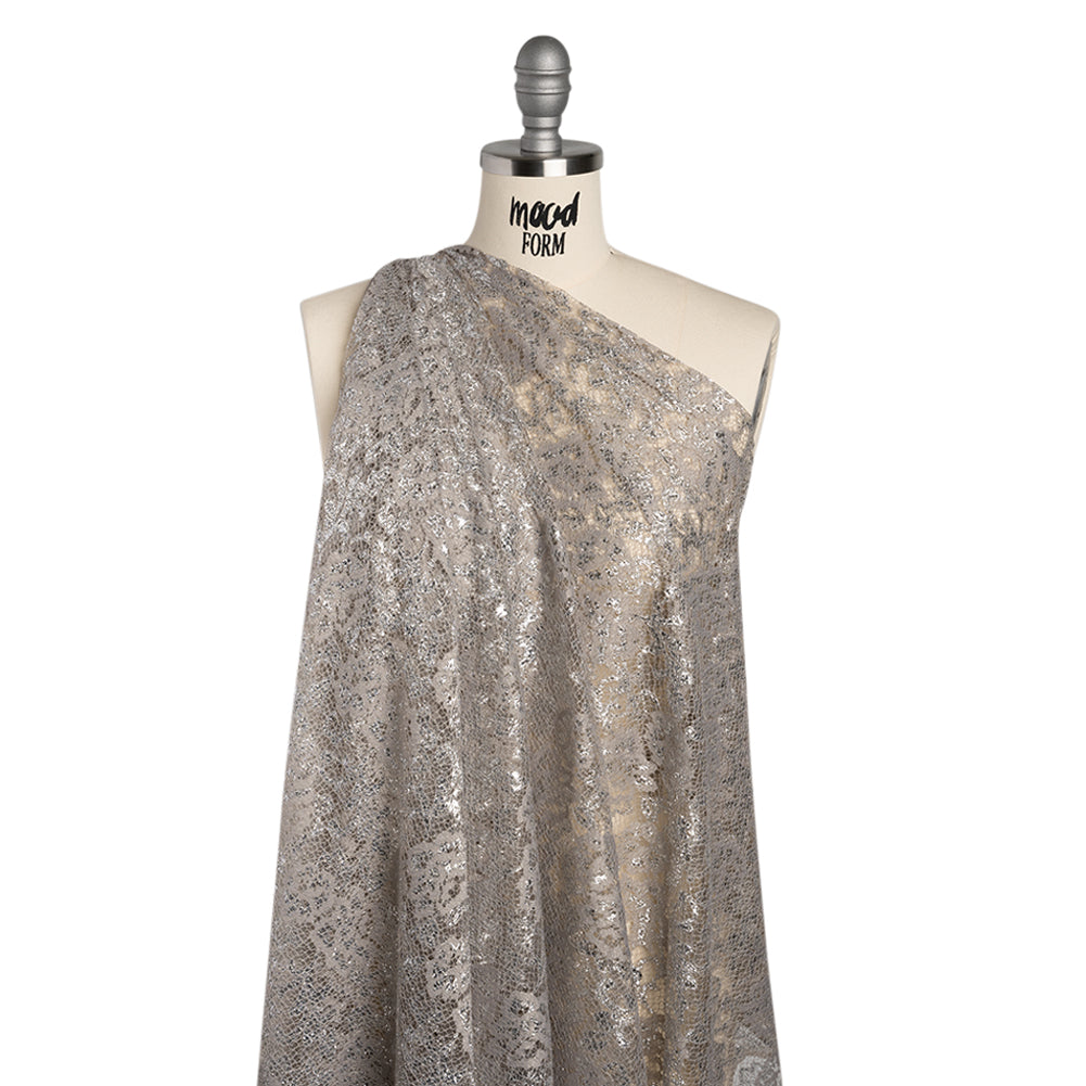 Metallic Raschel Lace with Finished Edges - Sandstone Gray and Silver Flowers and Leaves - Drape Metallic Raschel Lace with Finished Edges - Sandstone Gray and Silver Flowers and Leaves - Drape