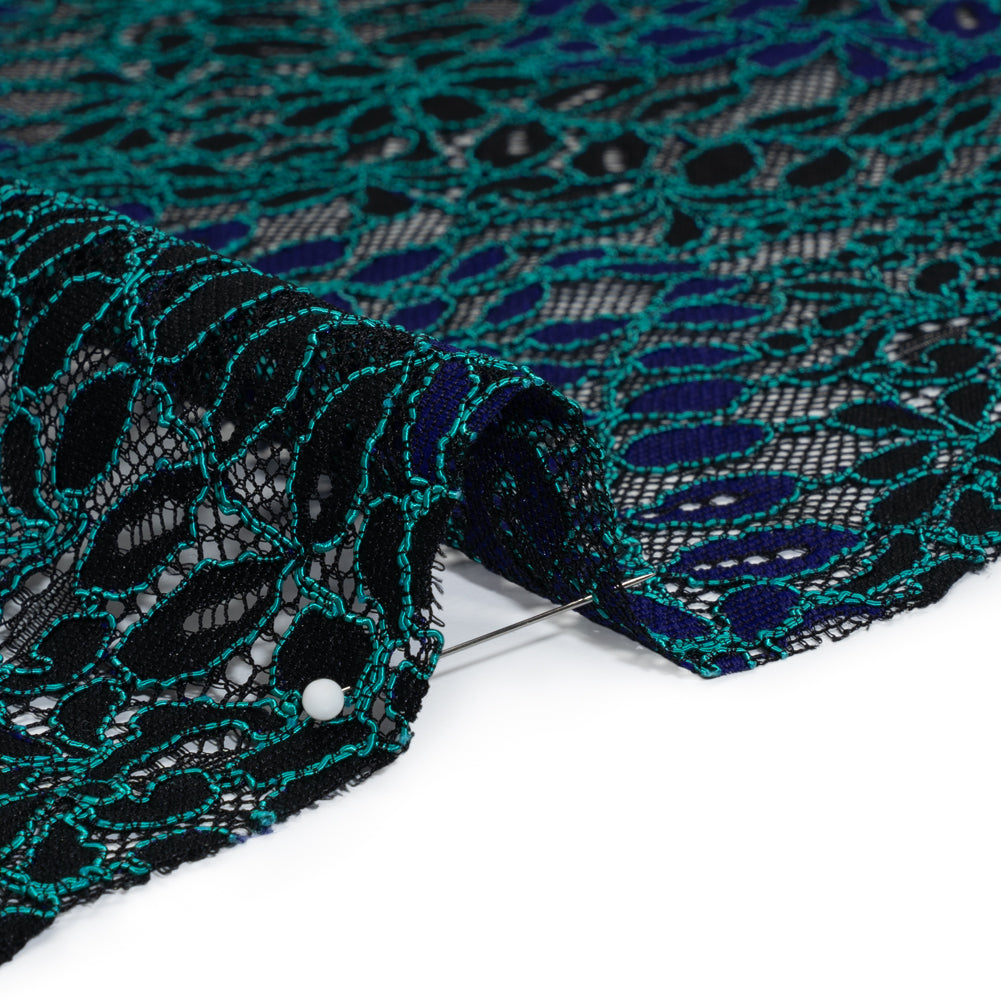 Corded Lace Panel with Finished Edges - Black, Blue and Teal Flowers and Leafy Vines - Detail Corded Lace Panel with Finished Edges - Black, Blue and Teal Flowers and Leafy Vines - Detail