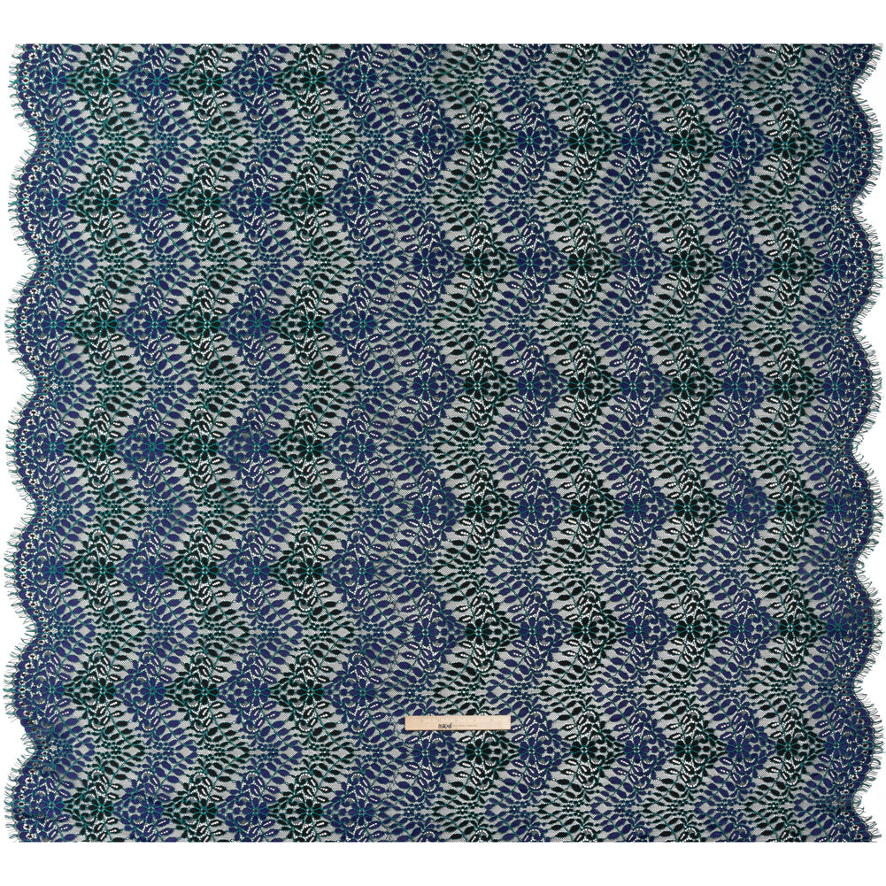Corded Lace Panel with Finished Edges - Black, Blue and Teal Flowers and Leafy Vines - Full Corded Lace Panel with Finished Edges - Black, Blue and Teal Flowers and Leafy Vines - Full