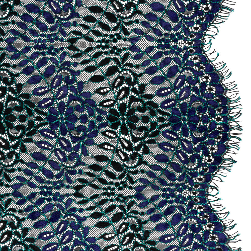 Corded Lace Panel with Finished Edges - Black, Blue and Teal Flowers and Leafy Vines Corded Lace Panel with Finished Edges - Black, Blue and Teal Flowers and Leafy Vines
