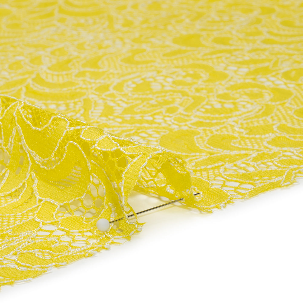 Corded Lace with Scalloped Finished Edges - Yellow and Ivory Leafy Vines and Flowers - Detail Corded Lace with Scalloped Finished Edges - Yellow and Ivory Leafy Vines and Flowers - Detail