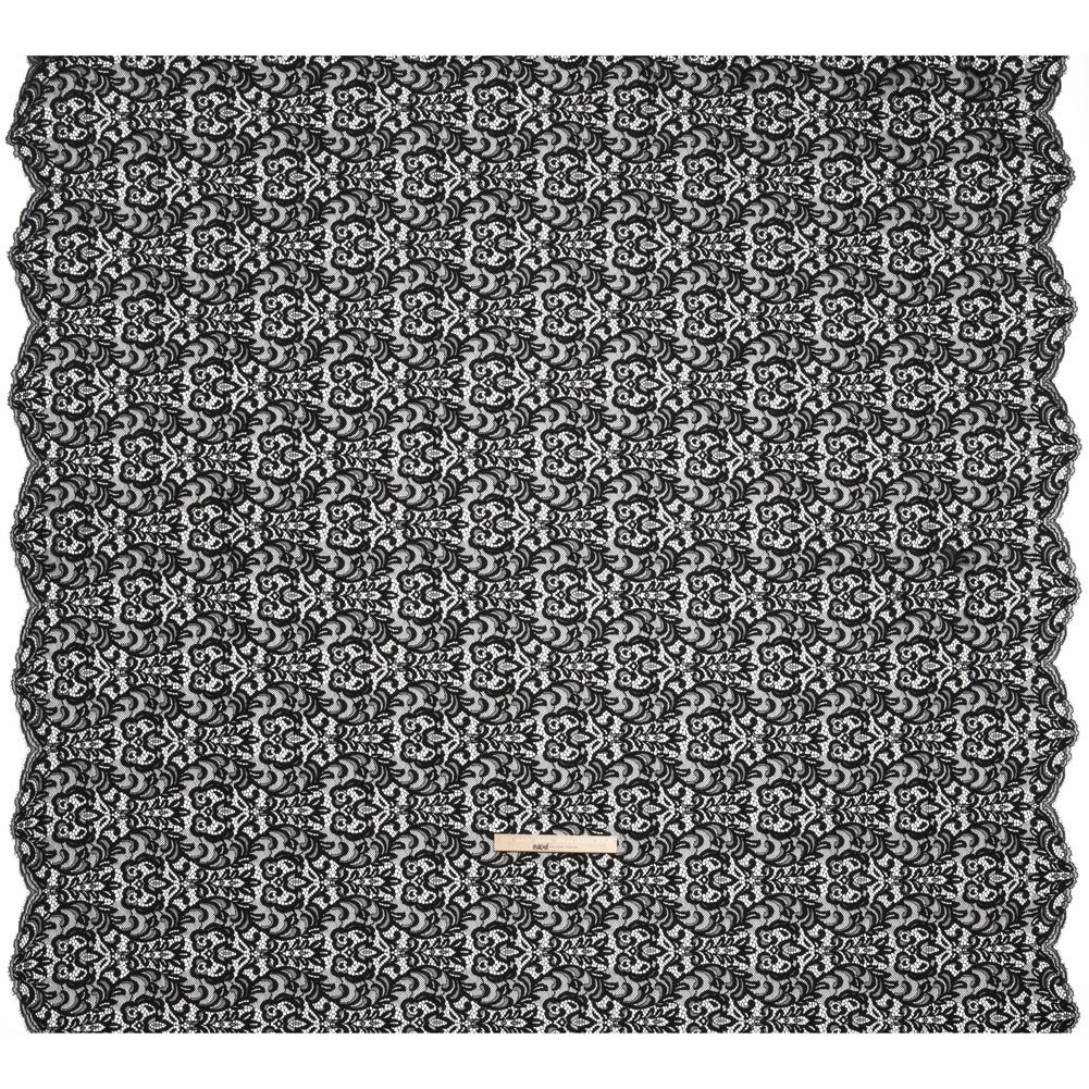 Corded Lace with Scalloped Finished Edges - Black Leafy Vines and Flowers - Full Corded Lace with Scalloped Finished Edges - Black Leafy Vines and Flowers - Full