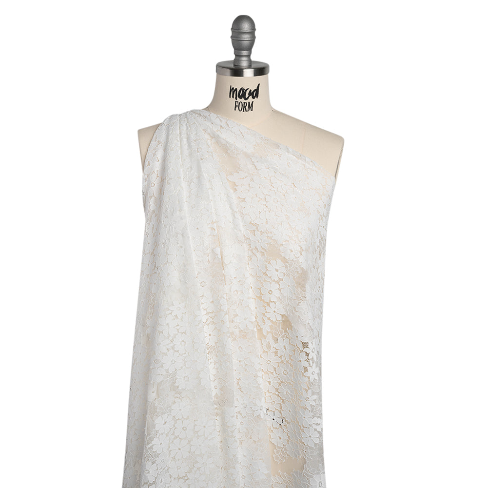 Raschel Lace Panel with Organic Finished Edges - Ivory Daisy Bunches - Drape Raschel Lace Panel with Organic Finished Edges - Ivory Daisy Bunches - Drape