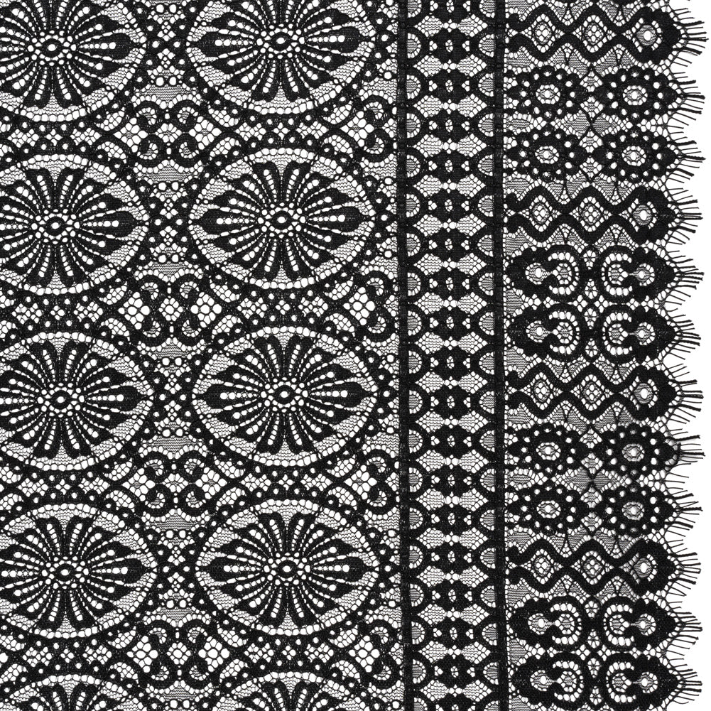 Corded Lace Panel with Scalloped and Fringed Finished Edges - Black Flower Medallions and Abstract Stripes Corded Lace Panel with Scalloped and Fringed Finished Edges - Black Flower Medallions and Abstract Stripes