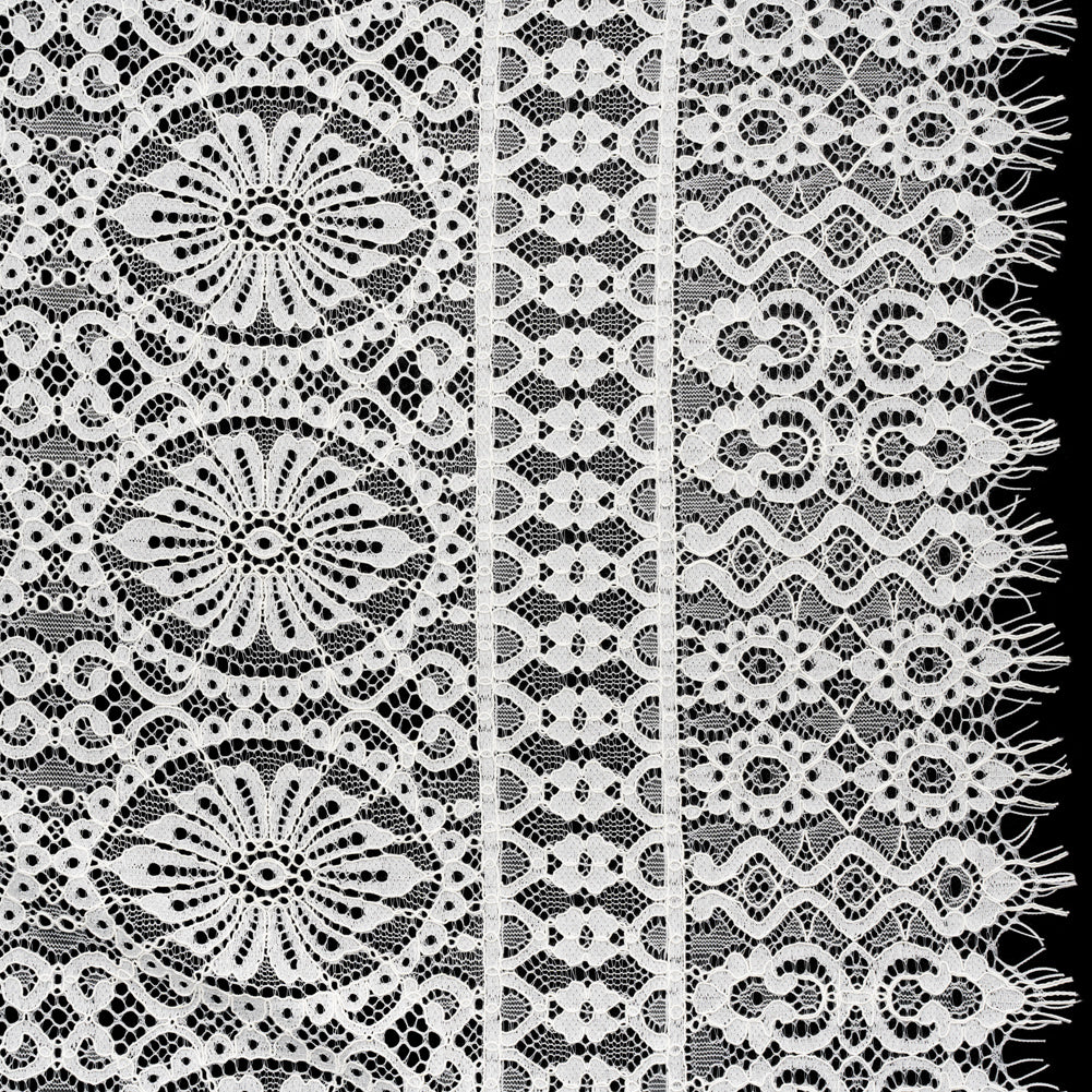 Corded Lace Panel with Scalloped and Fringed Finished Edges - Ivory Flower Medallions and Abstract Stripes Corded Lace Panel with Scalloped and Fringed Finished Edges - Ivory Flower Medallions and Abstract Stripes