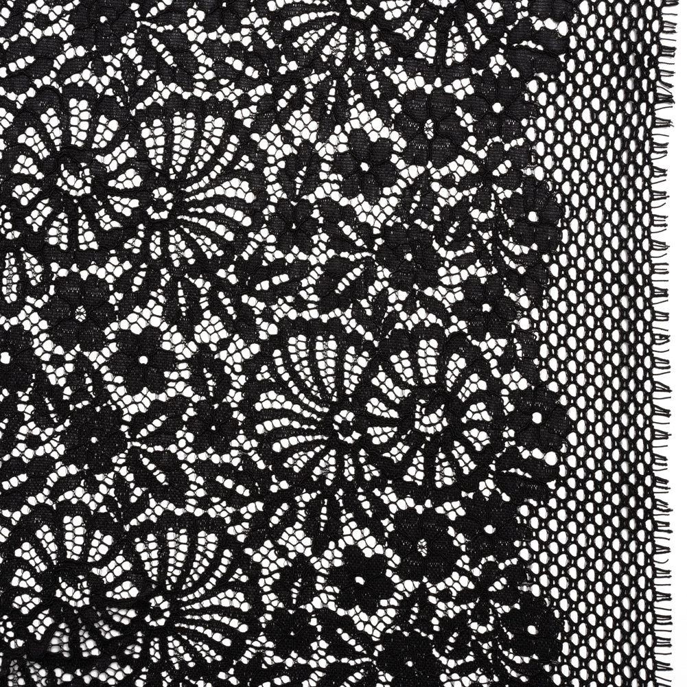 Corded Lace Panel with Finished Latticework Edges - Black Floral Corded Lace Panel with Finished Latticework Edges - Black Floral