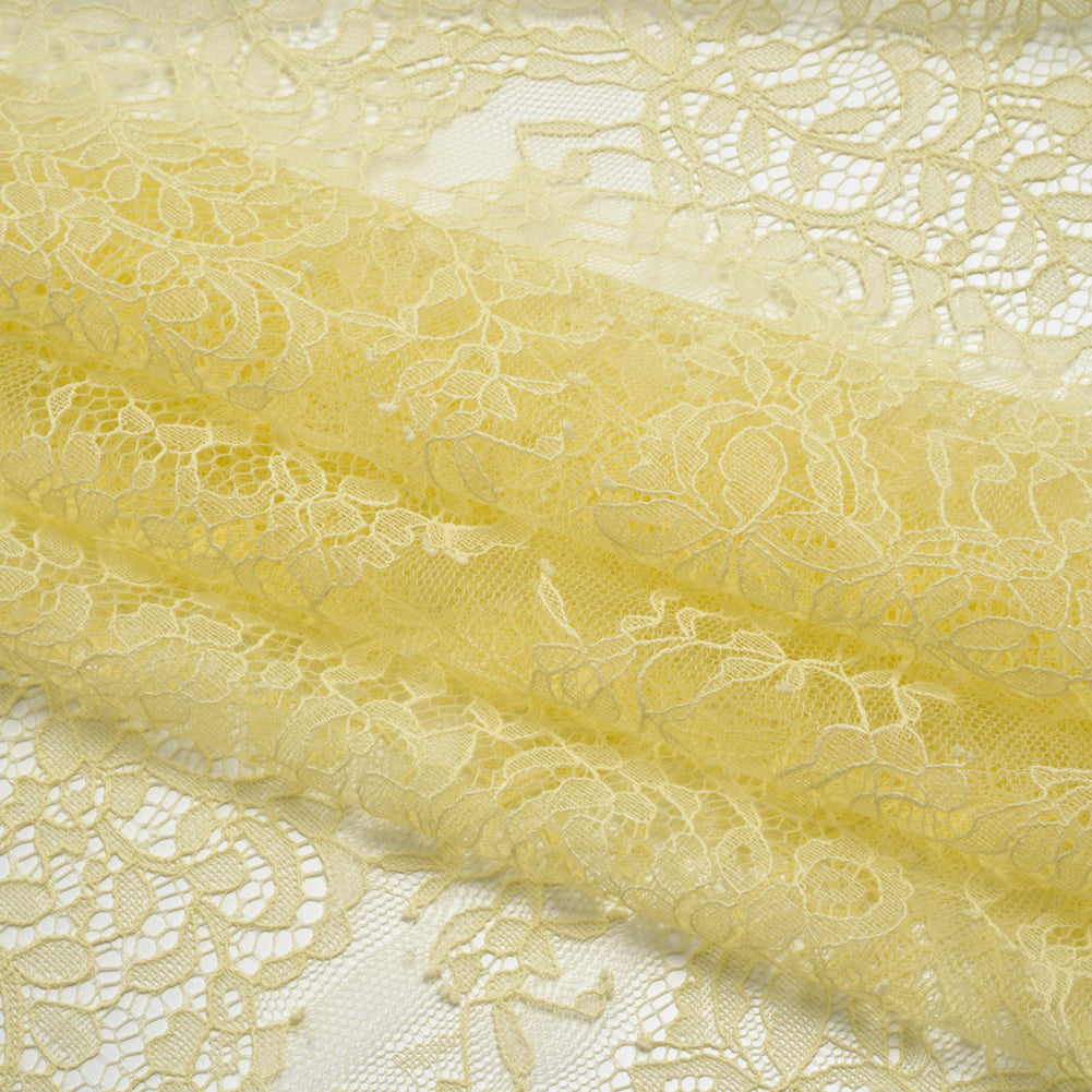 Chantilly Lace Panel with Scalloped Finished Edges - Pale Yellow Flowers and Leaves - Folded Chantilly Lace Panel with Scalloped Finished Edges - Pale Yellow Flowers and Leaves - Folded
