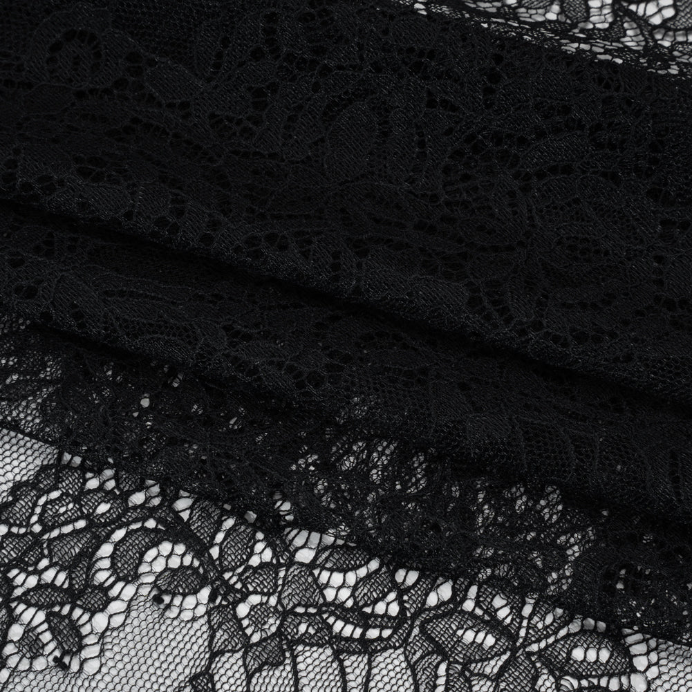 Chantilly Lace Panel with Scalloped Finished Edges - Black Flowers and Leaves - Folded Chantilly Lace Panel with Scalloped Finished Edges - Black Flowers and Leaves - Folded