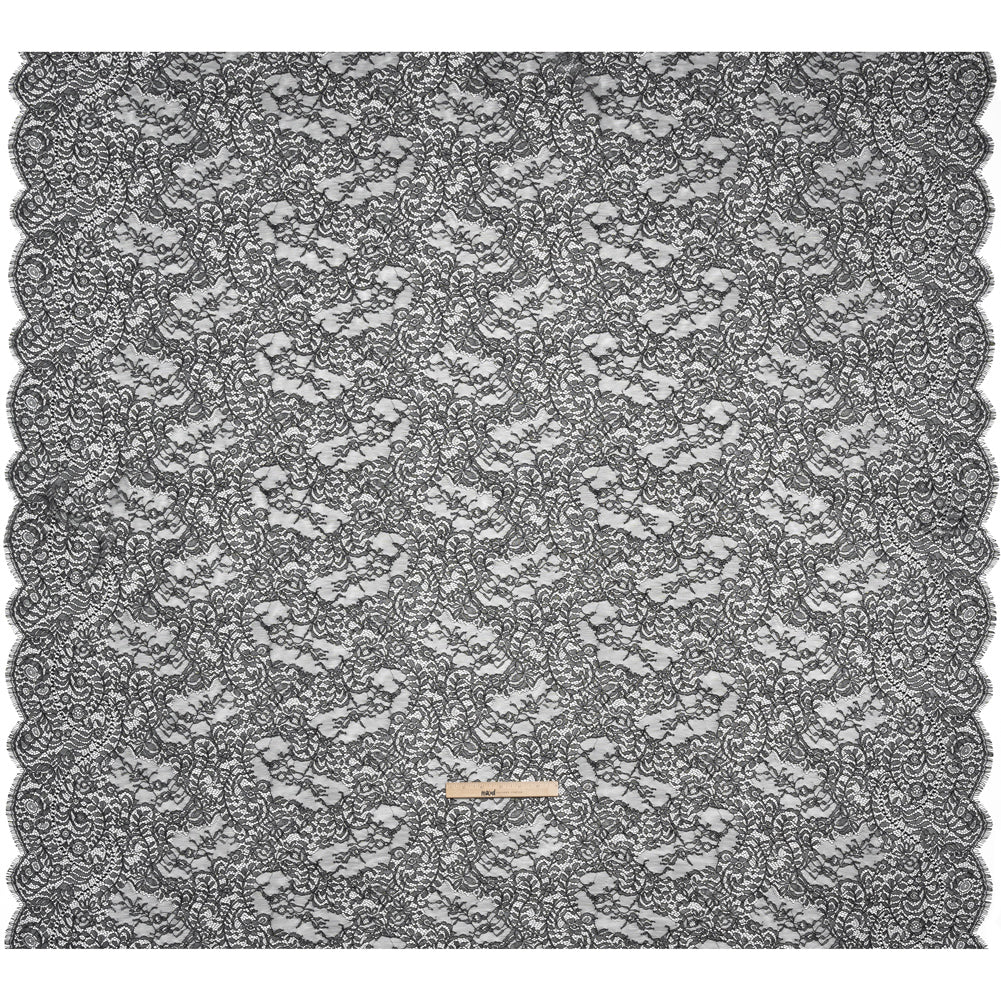 Chantilly Lace Panel with Scalloped Finished Edges - Black Flowers and Leaves - Full Chantilly Lace Panel with Scalloped Finished Edges - Black Flowers and Leaves - Full