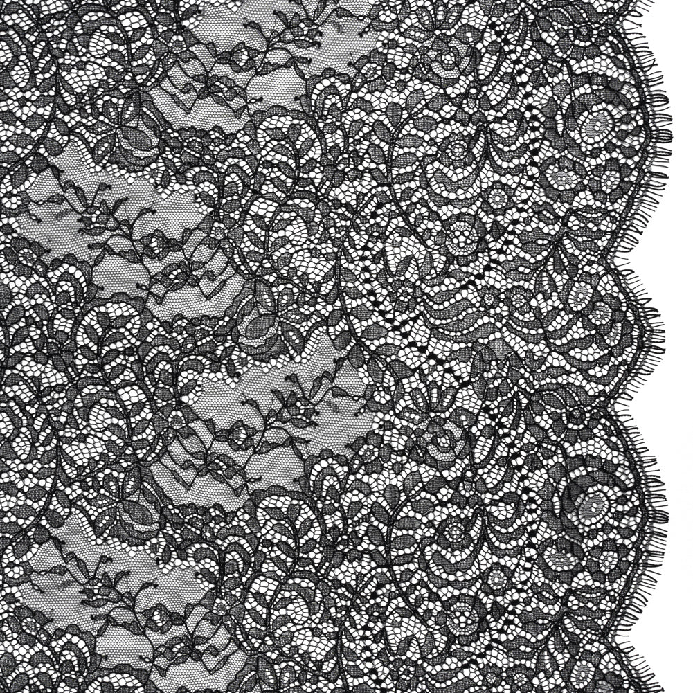 Chantilly Lace Panel with Scalloped Finished Edges - Black Flowers and Leaves Chantilly Lace Panel with Scalloped Finished Edges - Black Flowers and Leaves
