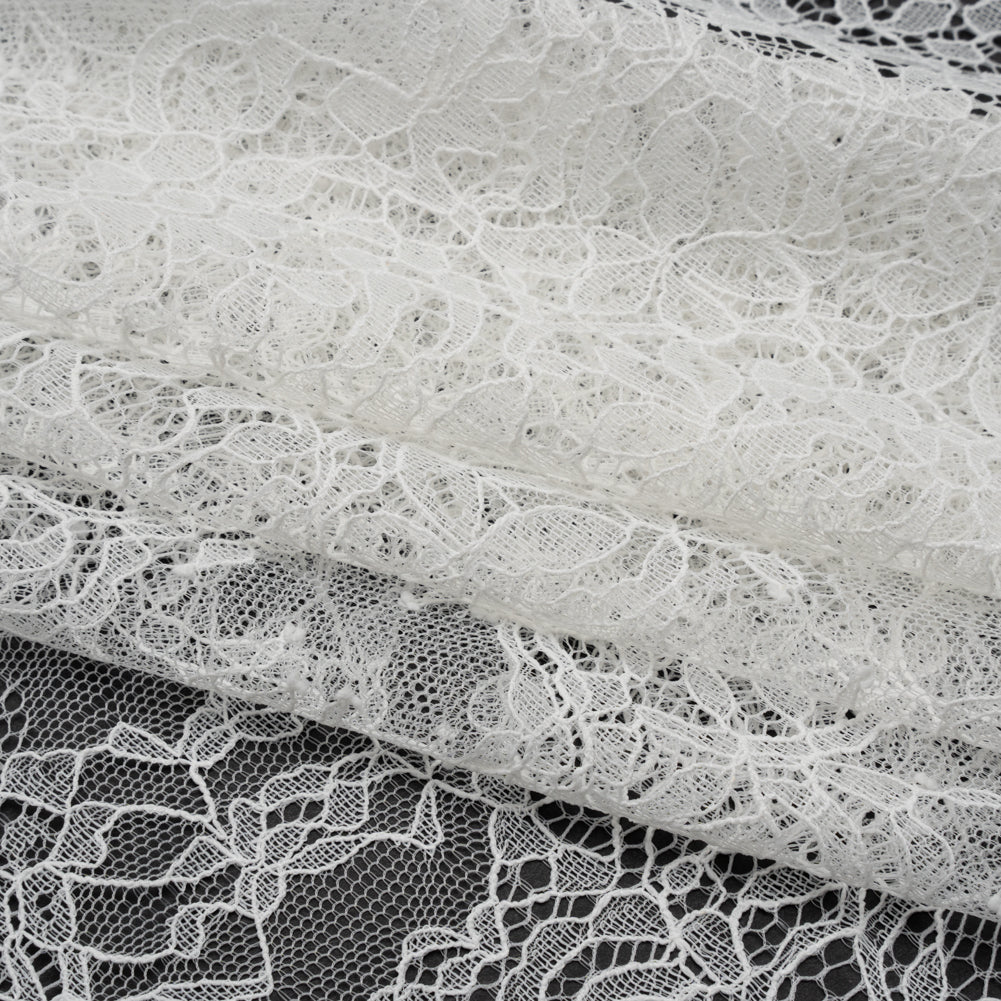 Chantilly Lace Panel with Scalloped Finished Edges - Ivory Flowers and Leaves - Folded Chantilly Lace Panel with Scalloped Finished Edges - Ivory Flowers and Leaves - Folded
