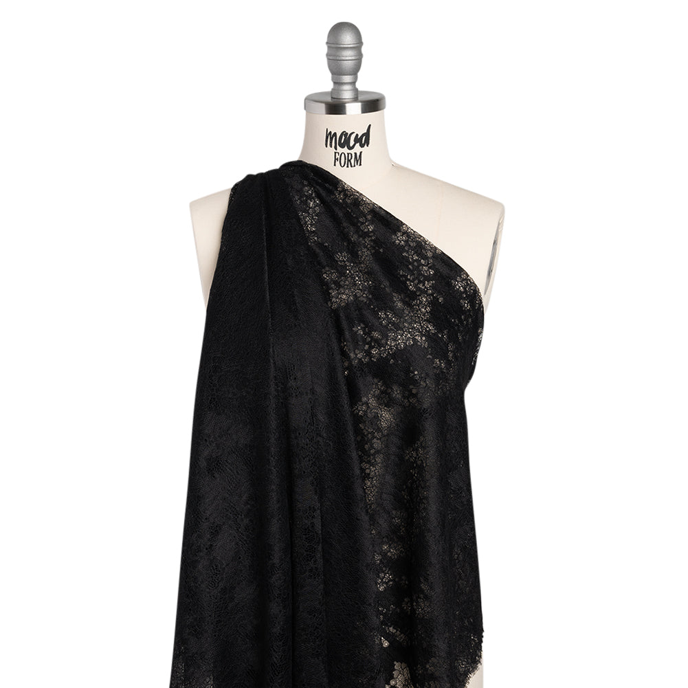 Raschel Lace Panel with Finished Edges - Black Ornate Leafy Chevrons - Drape Raschel Lace Panel with Finished Edges - Black Ornate Leafy Chevrons - Drape
