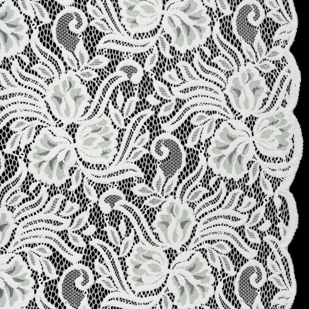 Re-Embroidered Stretch Lace with Finished Edges - Ivory and Dusty Aqua Blossom Trios and Leaves - Tatiana Collection Re-Embroidered Stretch Lace with Finished Edges - Ivory and Dusty Aqua Blossom Trios and Leaves - Tatiana Collection