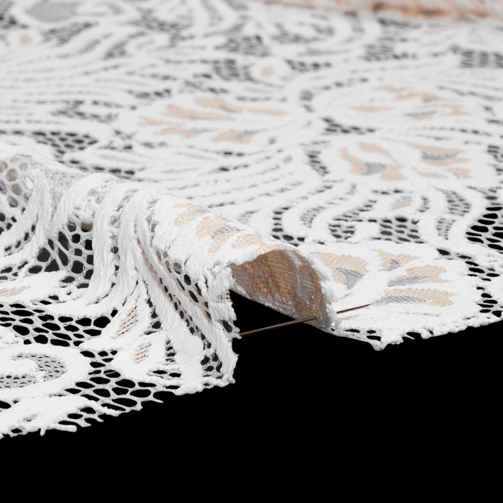 Re-Embroidered Stretch Lace with Finished Edges - Ivory and Appleblossom Beige Blossom Trios and Leaves - Tatiana Collection - Detail Re-Embroidered Stretch Lace with Finished Edges - Ivory and Appleblossom Beige Blossom Trios and Leaves - Tatiana Collection - Detail