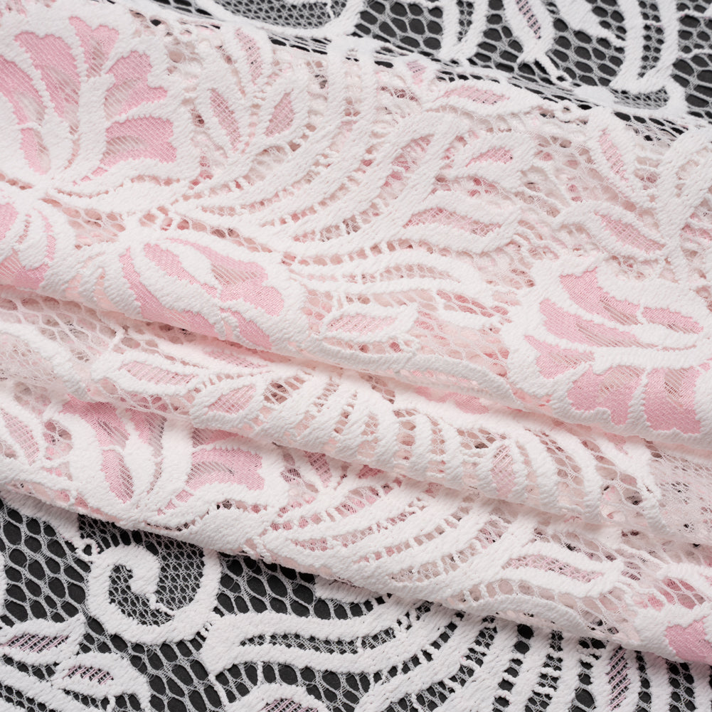 Re-Embroidered Stretch Lace with Finished Edges - Ivory and Roseate Pink Blossom Trios and Leaves - Tatiana Collection - Folded Re-Embroidered Stretch Lace with Finished Edges - Ivory and Roseate Pink Blossom Trios and Leaves - Tatiana Collection - Folded