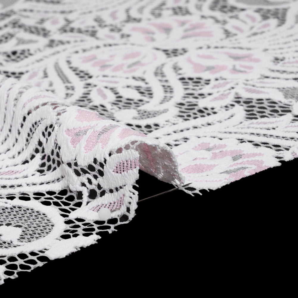 Re-Embroidered Stretch Lace with Finished Edges - Ivory and Roseate Pink Blossom Trios and Leaves - Tatiana Collection - Detail Re-Embroidered Stretch Lace with Finished Edges - Ivory and Roseate Pink Blossom Trios and Leaves - Tatiana Collection - Detail