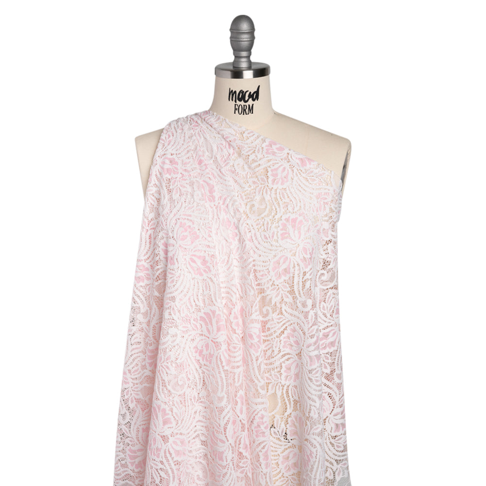 Re-Embroidered Stretch Lace with Finished Edges - Ivory and Roseate Pink Blossom Trios and Leaves - Tatiana Collection - Drape Re-Embroidered Stretch Lace with Finished Edges - Ivory and Roseate Pink Blossom Trios and Leaves - Tatiana Collection - Drape