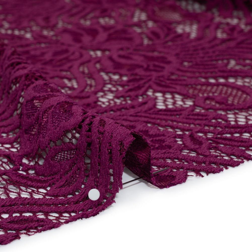Re-Embroidered Stretch Lace with Finished Edges - Florentina Plum Purple Blossom Trios and Leaves - Tatiana Collection - Detail Re-Embroidered Stretch Lace with Finished Edges - Florentina Plum Purple Blossom Trios and Leaves - Tatiana Collection - Detail