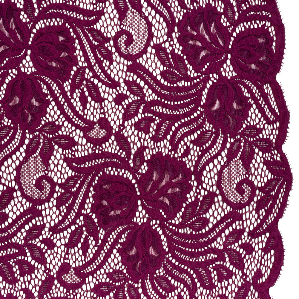 Re-Embroidered Stretch Lace with Finished Edges - Florentina Plum Purple Blossom Trios and Leaves - Tatiana Collection Re-Embroidered Stretch Lace with Finished Edges - Florentina Plum Purple Blossom Trios and Leaves - Tatiana Collection