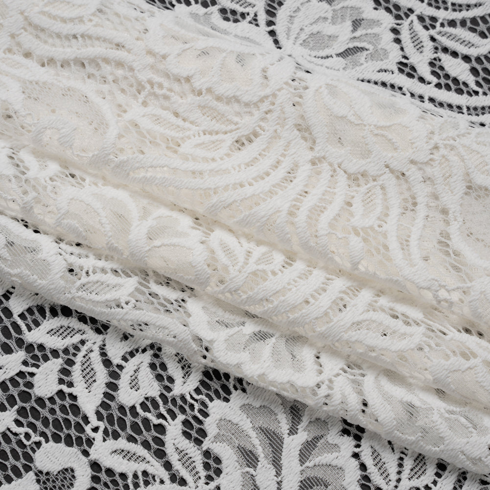 Re-Embroidered Stretch Lace with Finished Edges - Ivory Blossom Trios and Leaves - Tatiana Collection - Folded Re-Embroidered Stretch Lace with Finished Edges - Ivory Blossom Trios and Leaves - Tatiana Collection - Folded