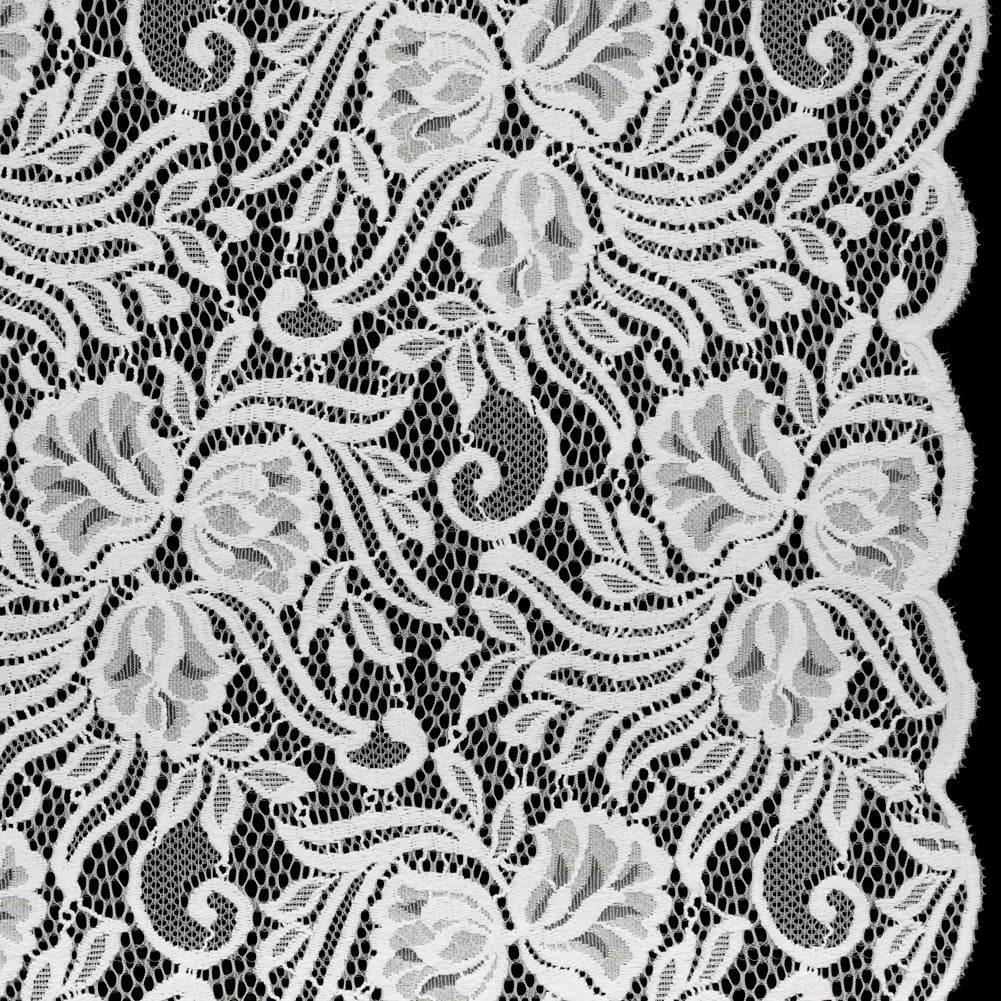 Re-Embroidered Stretch Lace with Finished Edges - Ivory Blossom Trios and Leaves - Tatiana Collection Re-Embroidered Stretch Lace with Finished Edges - Ivory Blossom Trios and Leaves - Tatiana Collection