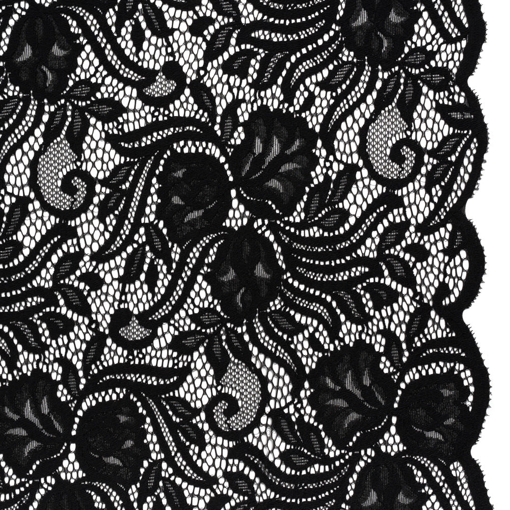 Re-Embroidered Stretch Lace with Finished Edges - Black Blossom Trios and Leaves - Tatiana Collection Re-Embroidered Stretch Lace with Finished Edges - Black Blossom Trios and Leaves - Tatiana Collection