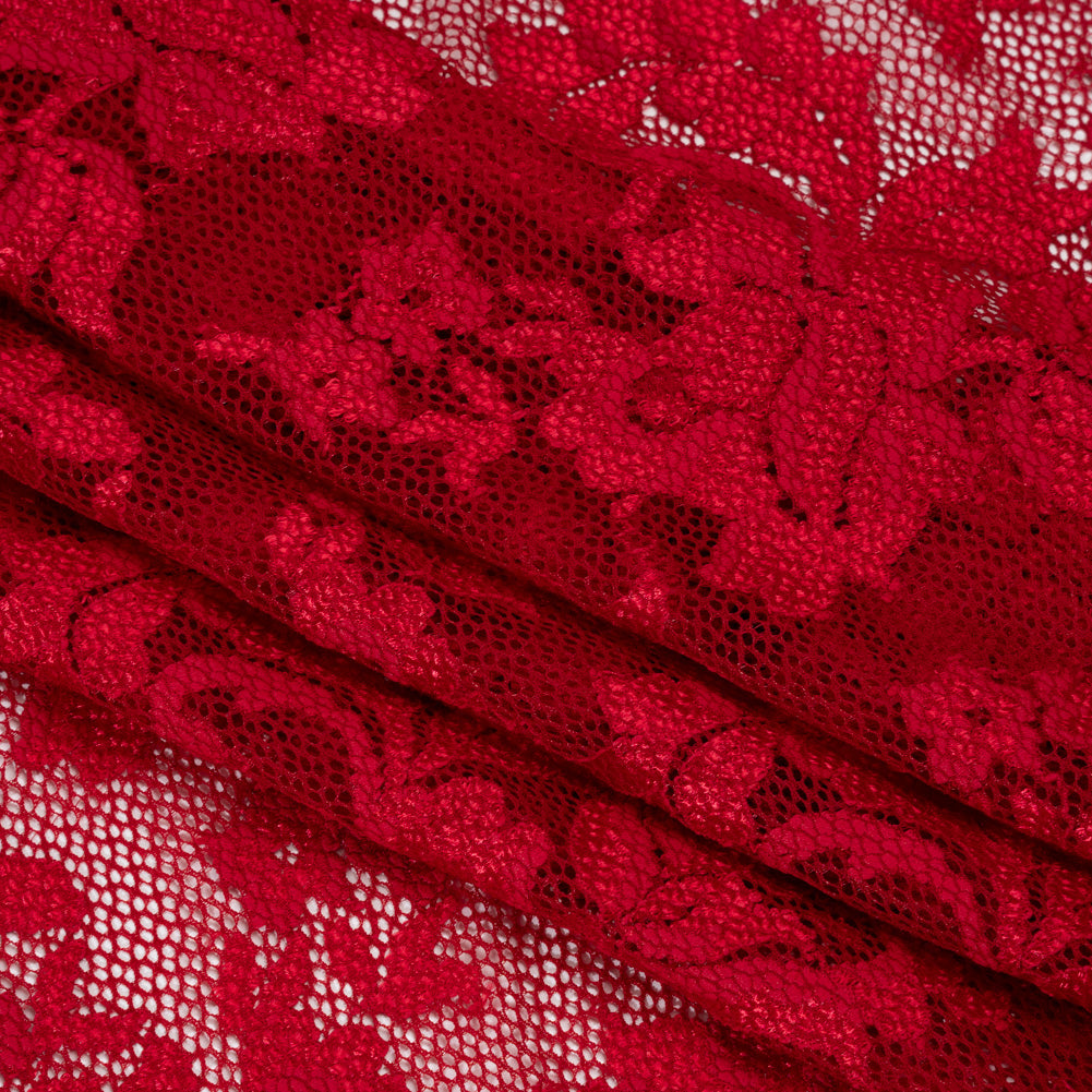Stretch Raschel Lace with Finished Edges - Valentino Red Ornate Floral - Folded Stretch Raschel Lace with Finished Edges - Valentino Red Ornate Floral - Folded