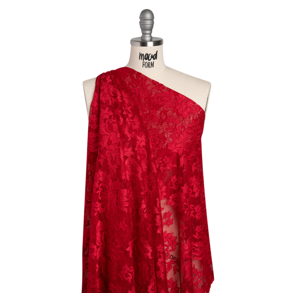 Stretch Raschel Lace with Finished Edges - Valentino Red Ornate Floral - Drape Stretch Raschel Lace with Finished Edges - Valentino Red Ornate Floral - Drape