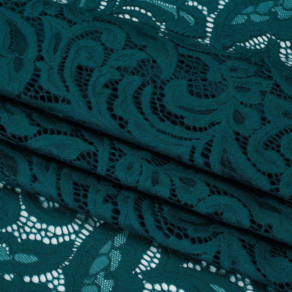 Stretch Re-Embroidered Lace with Finished Edges - Teal Paisley Leaves and Florals - Folded Stretch Re-Embroidered Lace with Finished Edges - Teal Paisley Leaves and Florals - Folded