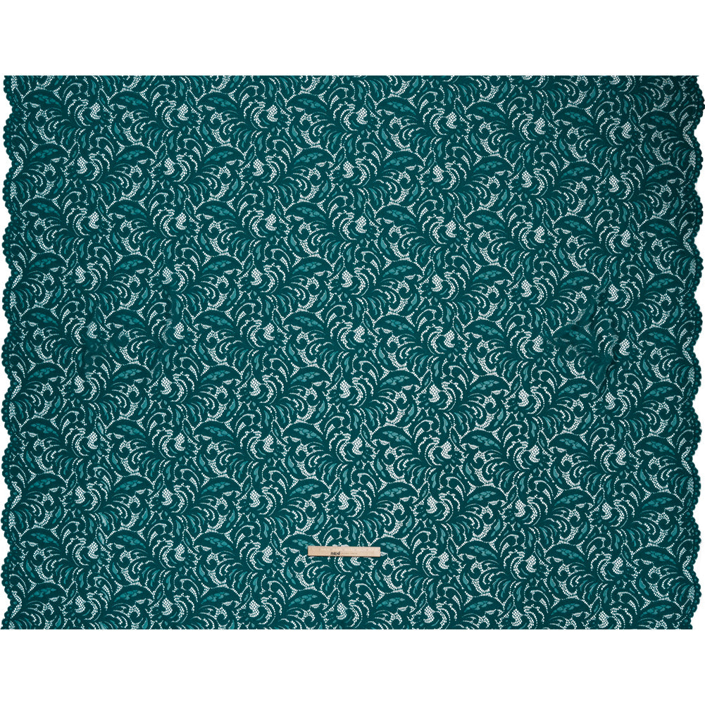Stretch Re-Embroidered Lace with Finished Edges - Teal Paisley Leaves and Florals - Full Stretch Re-Embroidered Lace with Finished Edges - Teal Paisley Leaves and Florals - Full