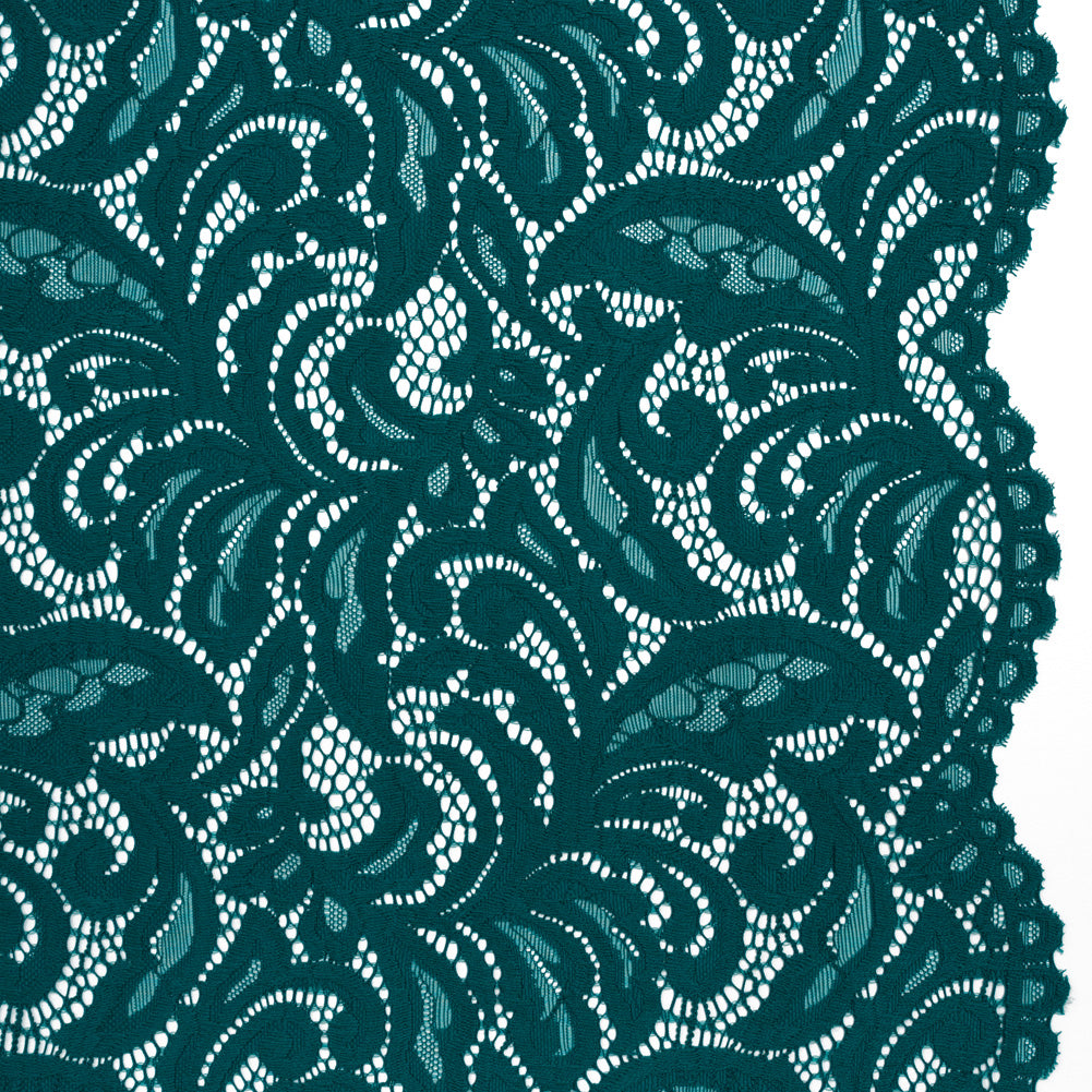 Stretch Re-Embroidered Lace with Finished Edges - Teal Paisley Leaves and Florals Stretch Re-Embroidered Lace with Finished Edges - Teal Paisley Leaves and Florals