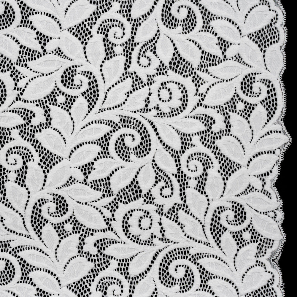 Stretch Re-Embroidered Lace with Finished Edges - Ivory Curling Leafy Stems Stretch Re-Embroidered Lace with Finished Edges - Ivory Curling Leafy Stems