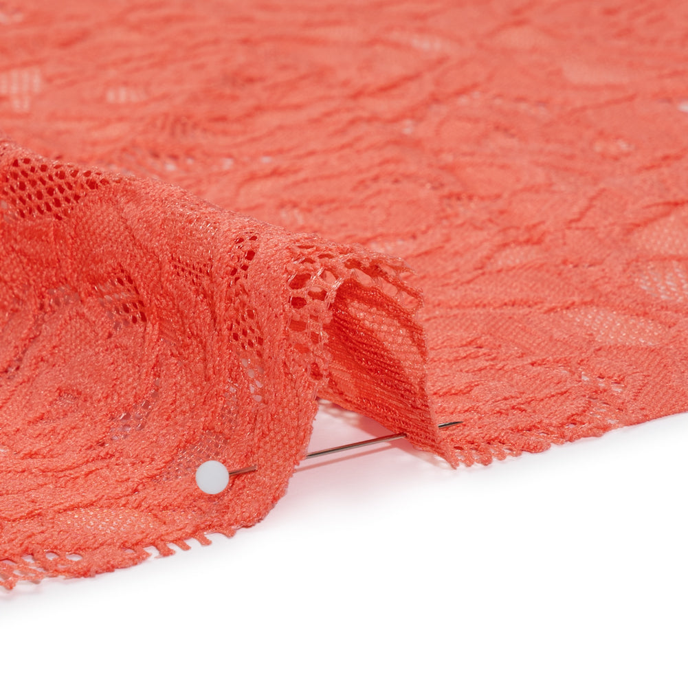 Stretch Re-Embroidered Lace with Finished Edges - Deep Sea Coral All-Over Roses - Detail Stretch Re-Embroidered Lace with Finished Edges - Deep Sea Coral All-Over Roses - Detail