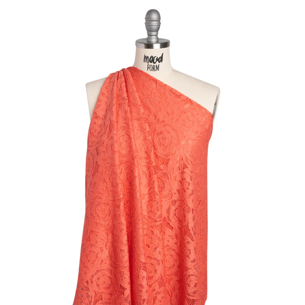 Stretch Re-Embroidered Lace with Finished Edges - Deep Sea Coral All-Over Roses - Drape Stretch Re-Embroidered Lace with Finished Edges - Deep Sea Coral All-Over Roses - Drape