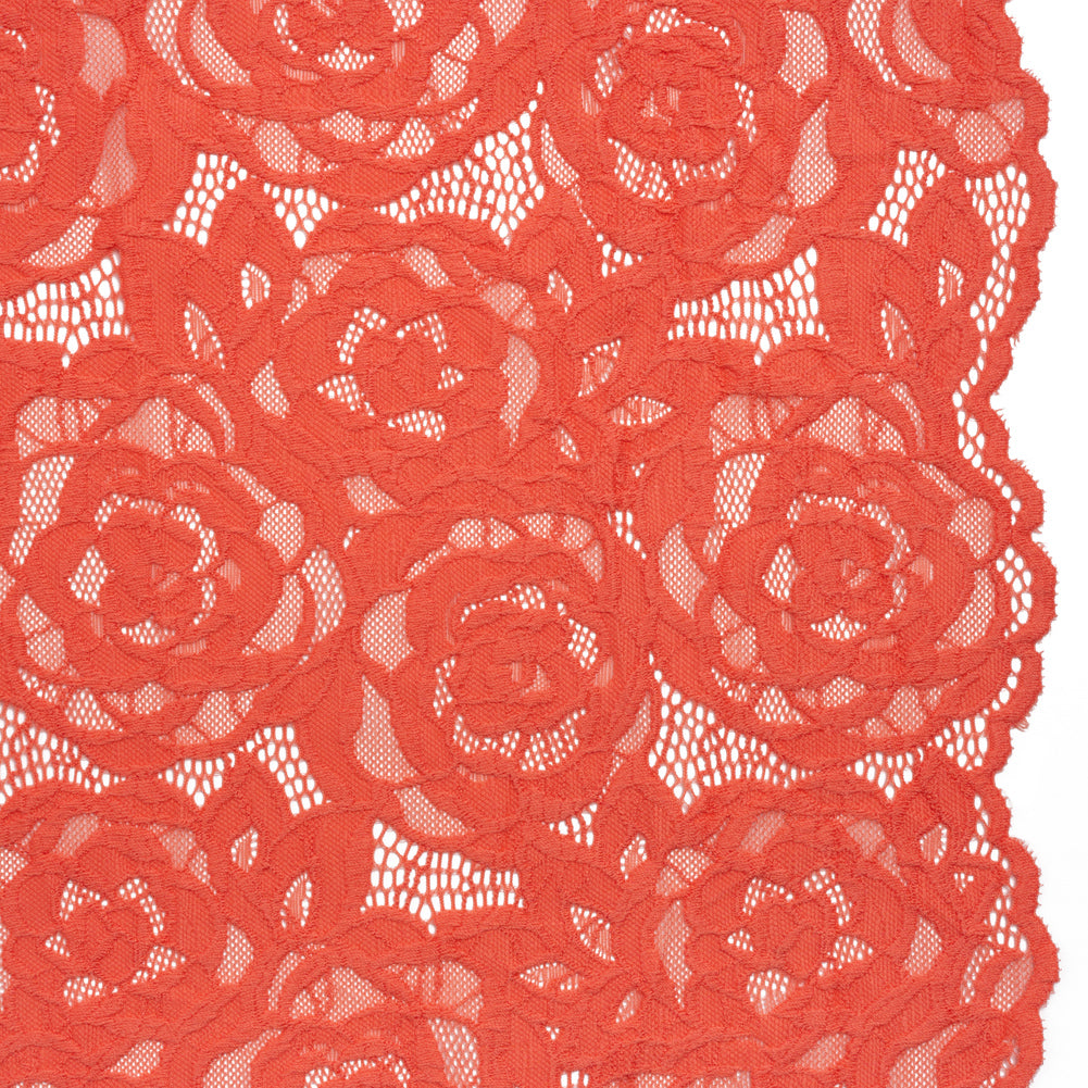 Stretch Re-Embroidered Lace with Finished Edges - Deep Sea Coral All-Over Roses Stretch Re-Embroidered Lace with Finished Edges - Deep Sea Coral All-Over Roses