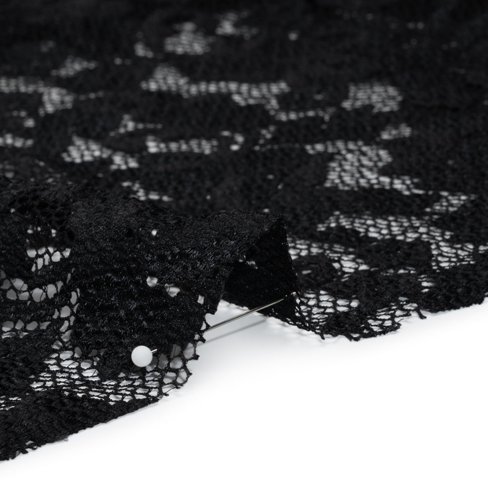 Stretch Raschel Lace with Finished Scalloped Edges - Black Flowers, Leaves and Swirls - Crina Collection - Detail Stretch Raschel Lace with Finished Scalloped Edges - Black Flowers, Leaves and Swirls - Crina Collection - Detail