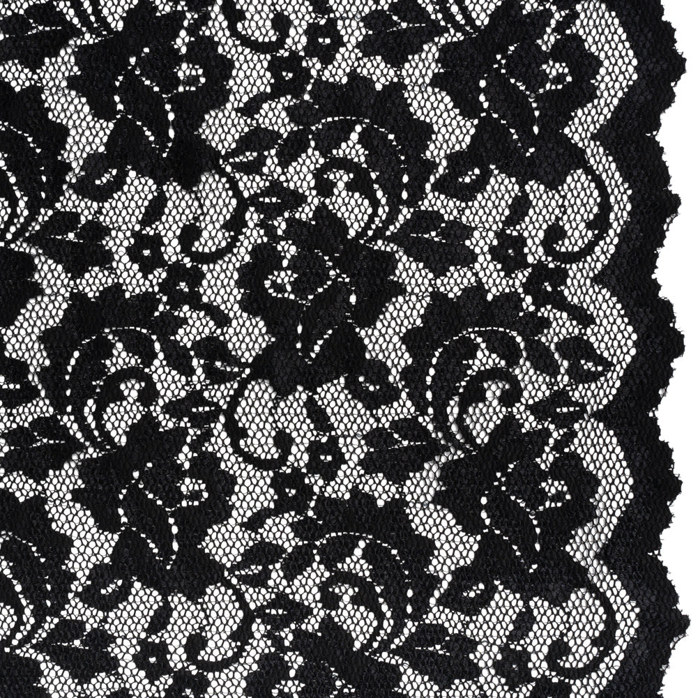 Stretch Raschel Lace with Finished Scalloped Edges - Black Flowers, Leaves and Swirls - Crina Collection Stretch Raschel Lace with Finished Scalloped Edges - Black Flowers, Leaves and Swirls - Crina Collection