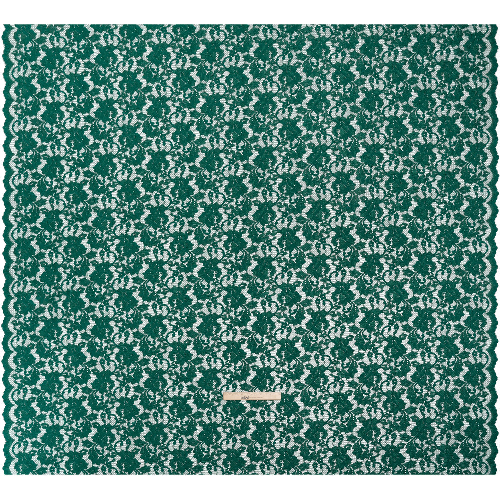 Stretch Raschel Lace with Finished Scalloped Edges - Luminous Emerald Green Flowers, Leaves and Swirls - Crina Collection - Full Stretch Raschel Lace with Finished Scalloped Edges - Luminous Emerald Green Flowers, Leaves and Swirls - Crina Collection - Full